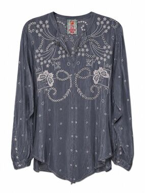Johnny Was C19121-3 Gray Tonal Embroidered Cupra Split Neck Tunic Medium